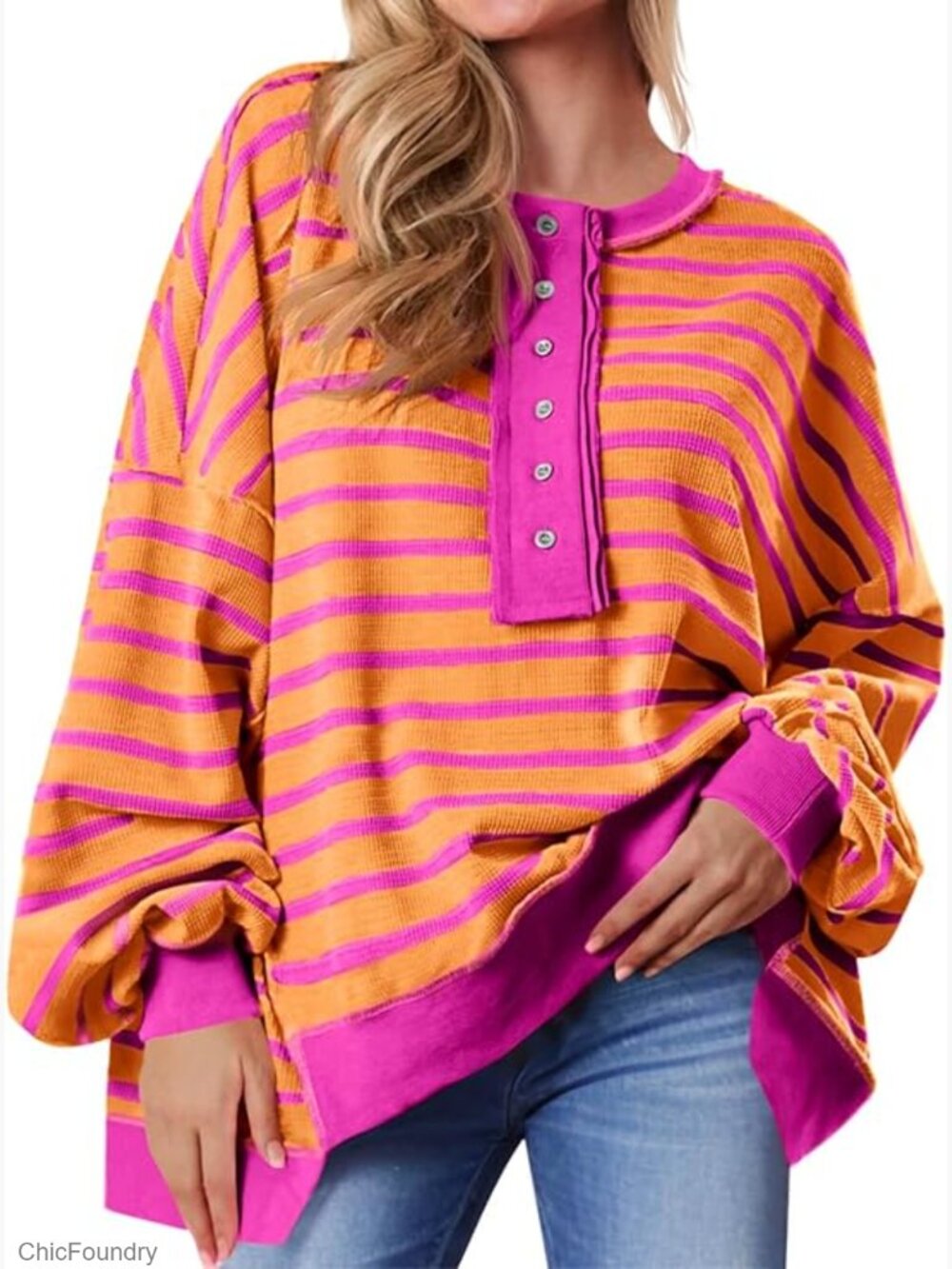 Oversized Waffle Knit Sweatshirt Henley Pullover Long Sleeve Casual